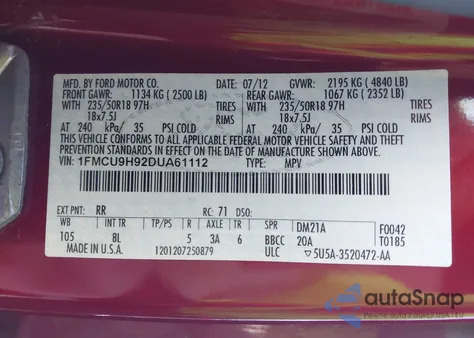 2013 Ford Escape Sel z USA, uszkodzony, nr VIN 1FMCU9H92DUA61112